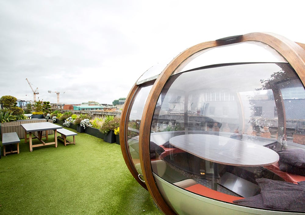 Rooftop office terrace with a glass meeting pod, picnic table, and greenery